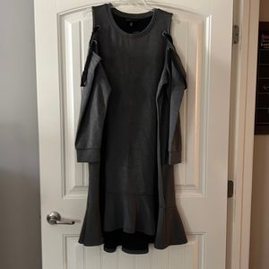 Charcoal grey dress. Long sleeve bare shoulders with ruffle hem